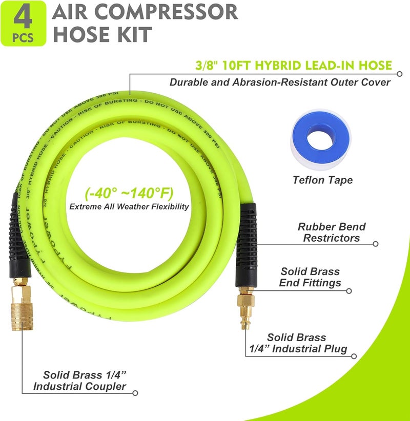 FYPower Air Compressor Whip Hose 3/8 Inch x 10 Feet Lead in Hybrid Hose with Fittings, Flexible and Kink Resistant, 1/4" Industrial Quick Coupler and Plug Kit - Green - Image 2
